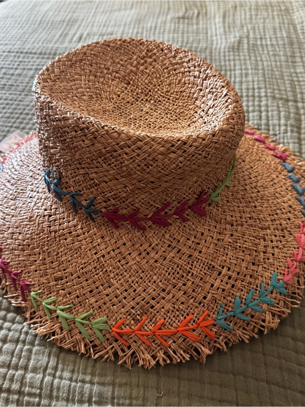 Johnny Was Natural Straw Hat with Multicolor Leaf Stitching